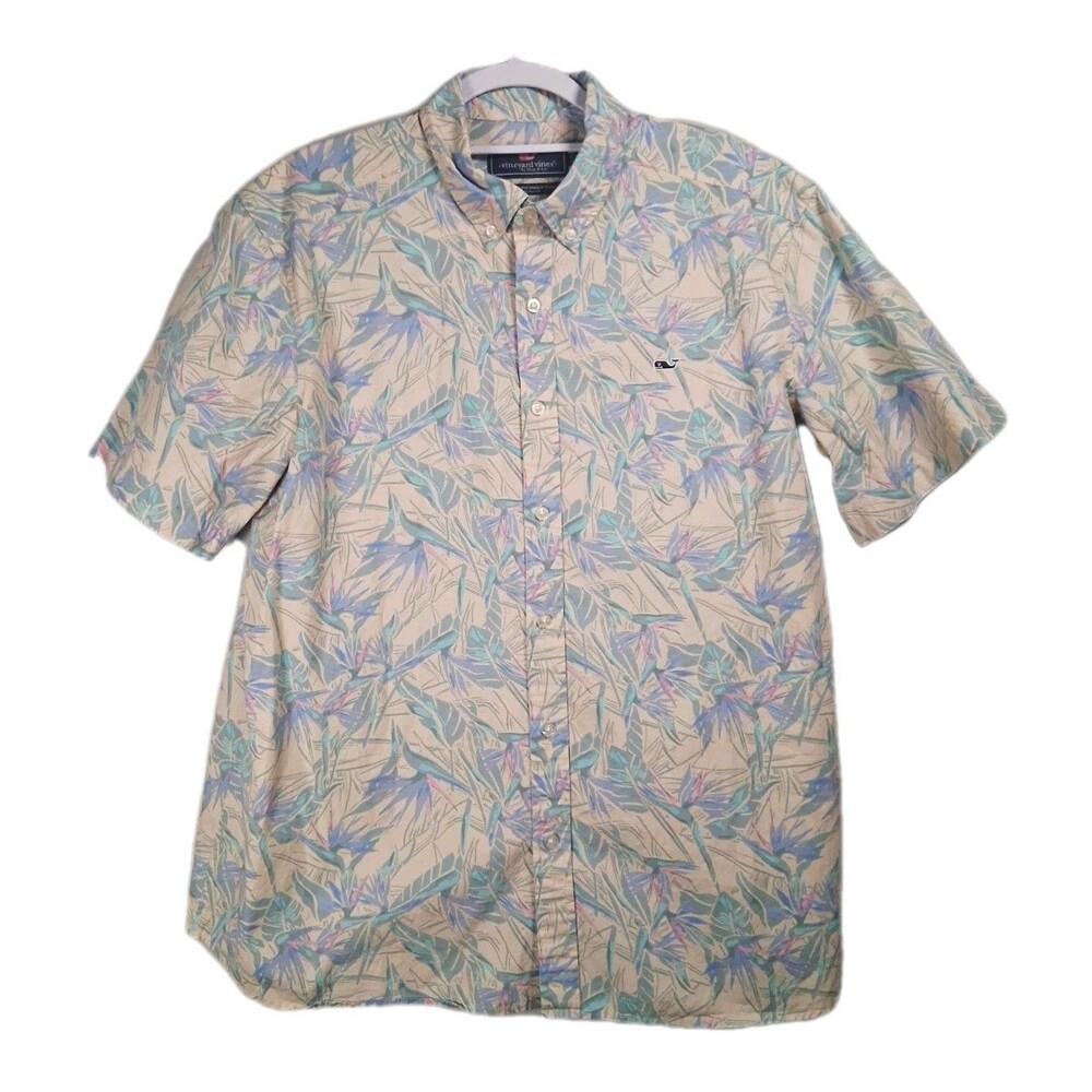 Vineyard Vines Hawaiian Shirt Mens XL Classic Fit Whale Pastel Birds Of Paradise